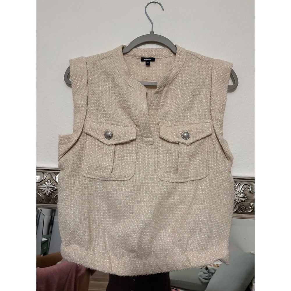 Express Tweed Boucle Vest Beige Padded Shoulder Button Pocket Top XS gf